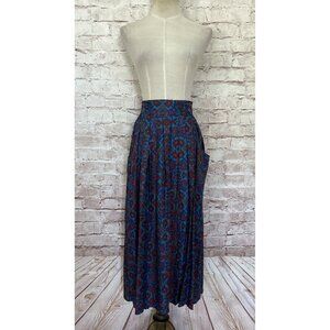 SK & Company Skirt 12 Vintage 80s Teal Medallion Scarf Print Pleated Midi Rayon